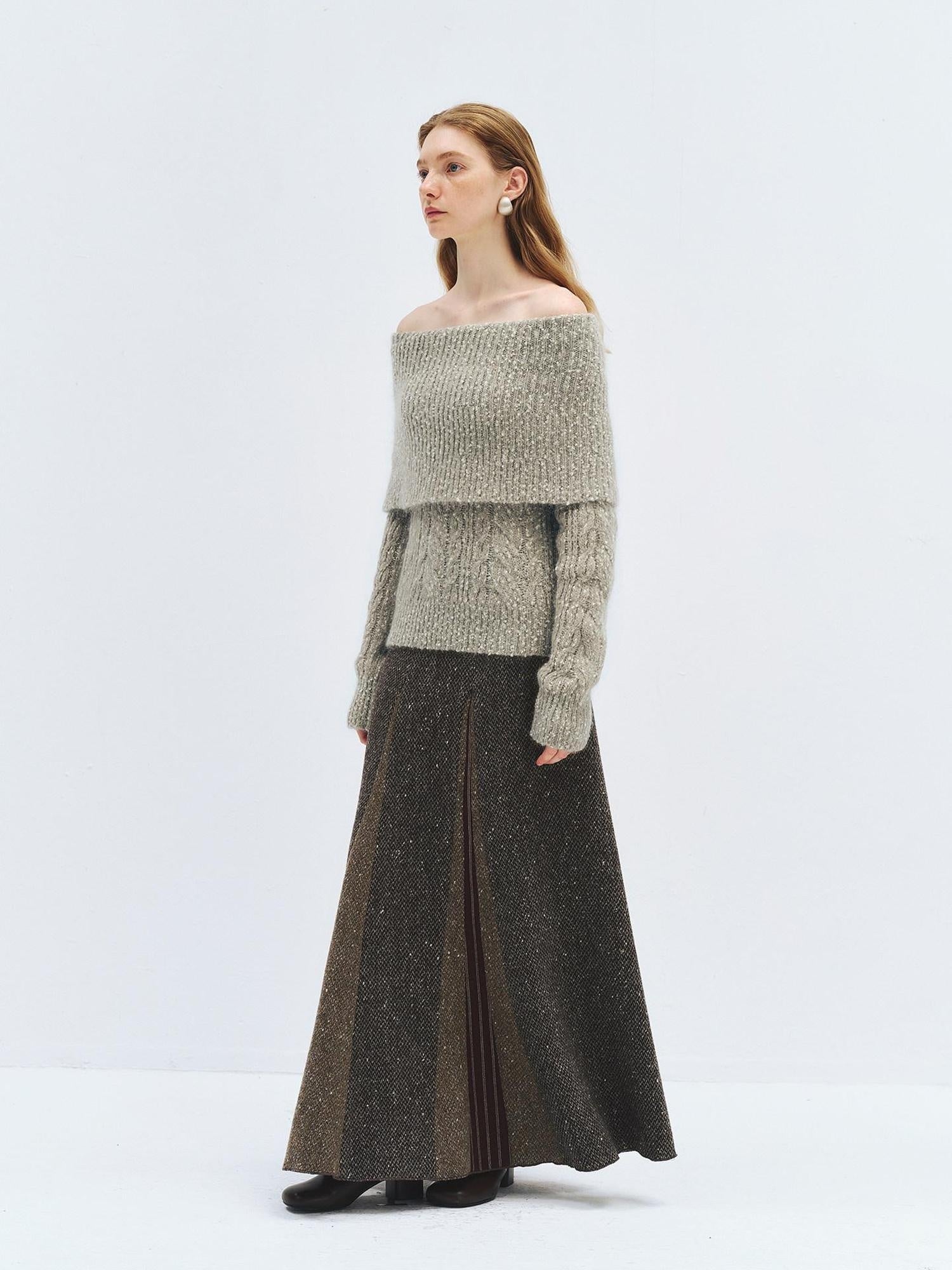 someonesometimes High Waist Wool Blend A Line Heather Grey Patchwork Women Maxi Skirts