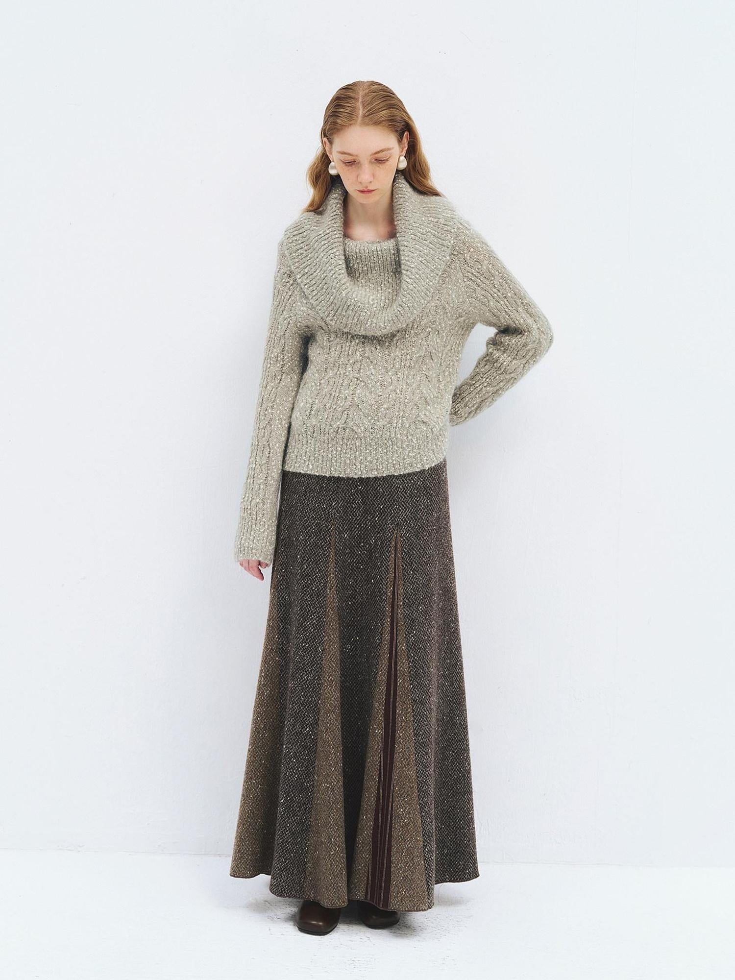 someonesometimes High Waist Wool Blend A Line Heather Grey Patchwork Women Maxi Skirts