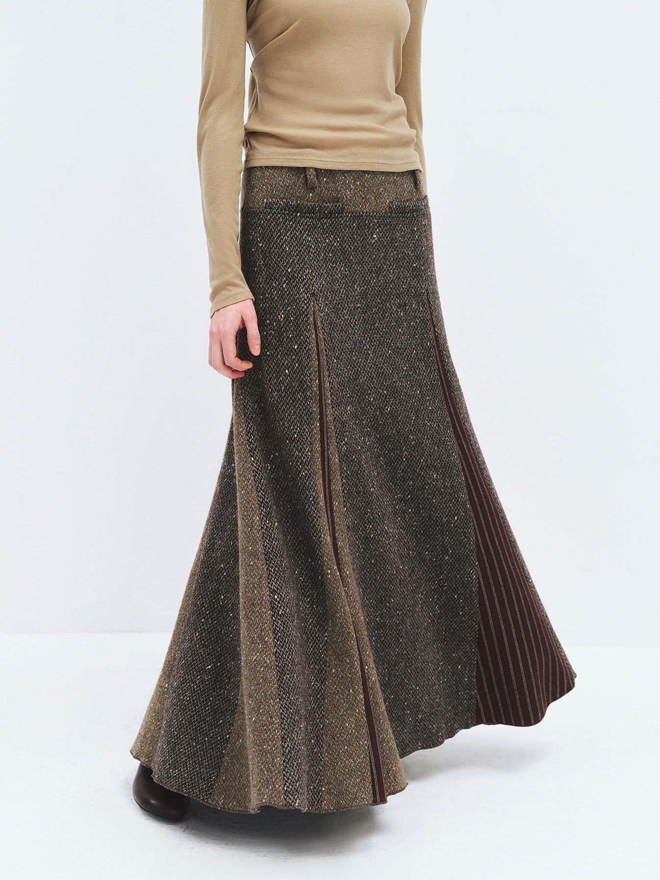 someonesometimes High Waist Wool Blend A Line Heather Grey Patchwork Women Maxi Skirts