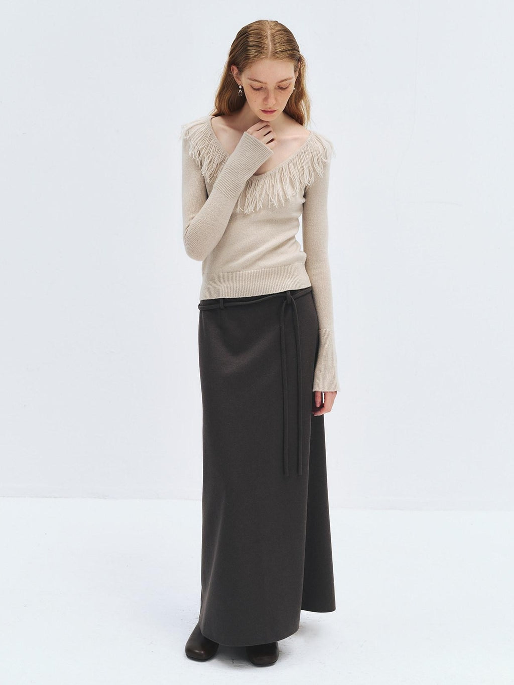 someonesometimes High Waist Wool Blend Asymmetric Hem Loose Fit Women Casual Maxi Skirts
