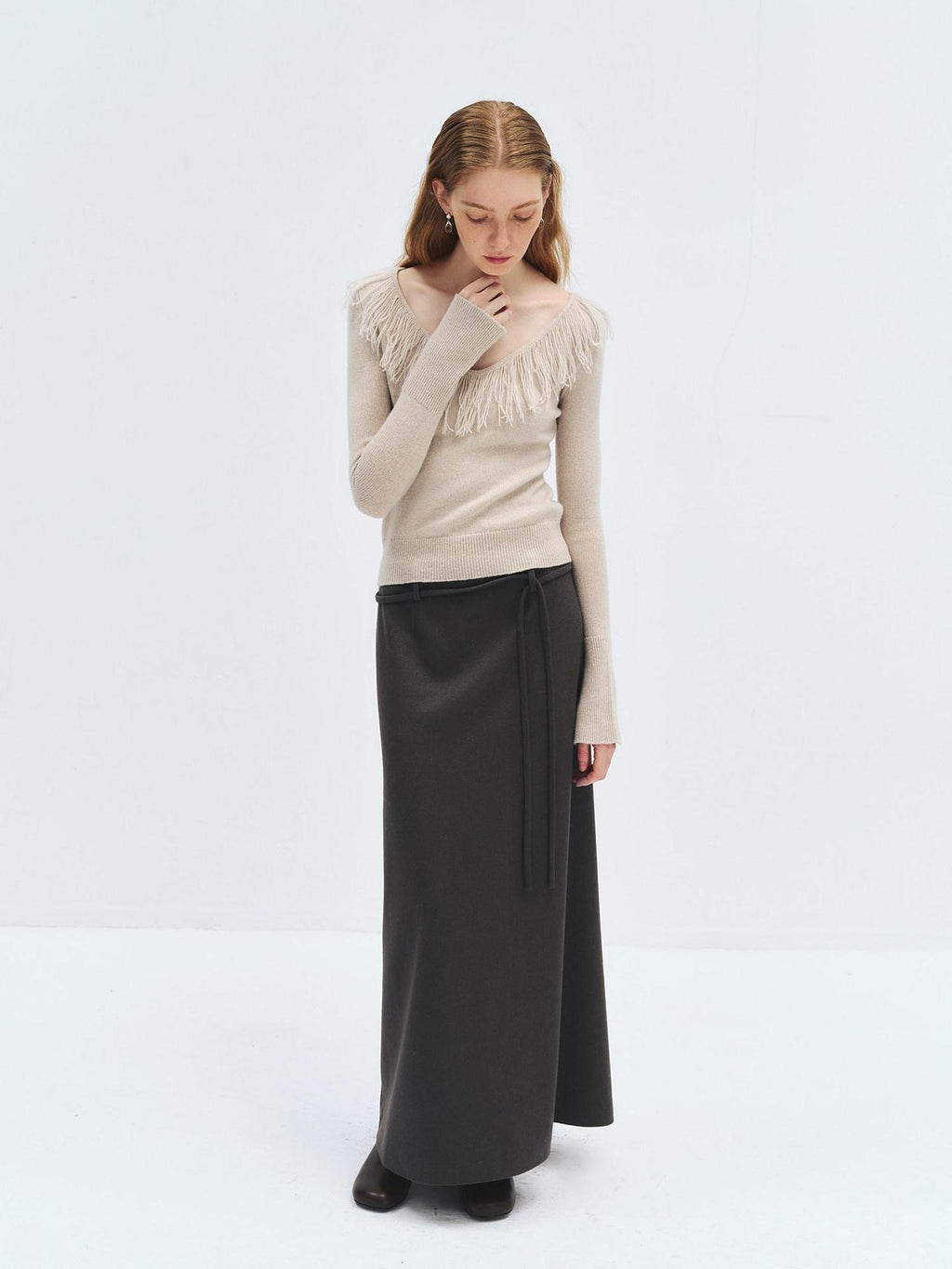 someonesometimes High Waist Wool Blend Asymmetric Hem Loose Fit Women Casual Maxi Skirts