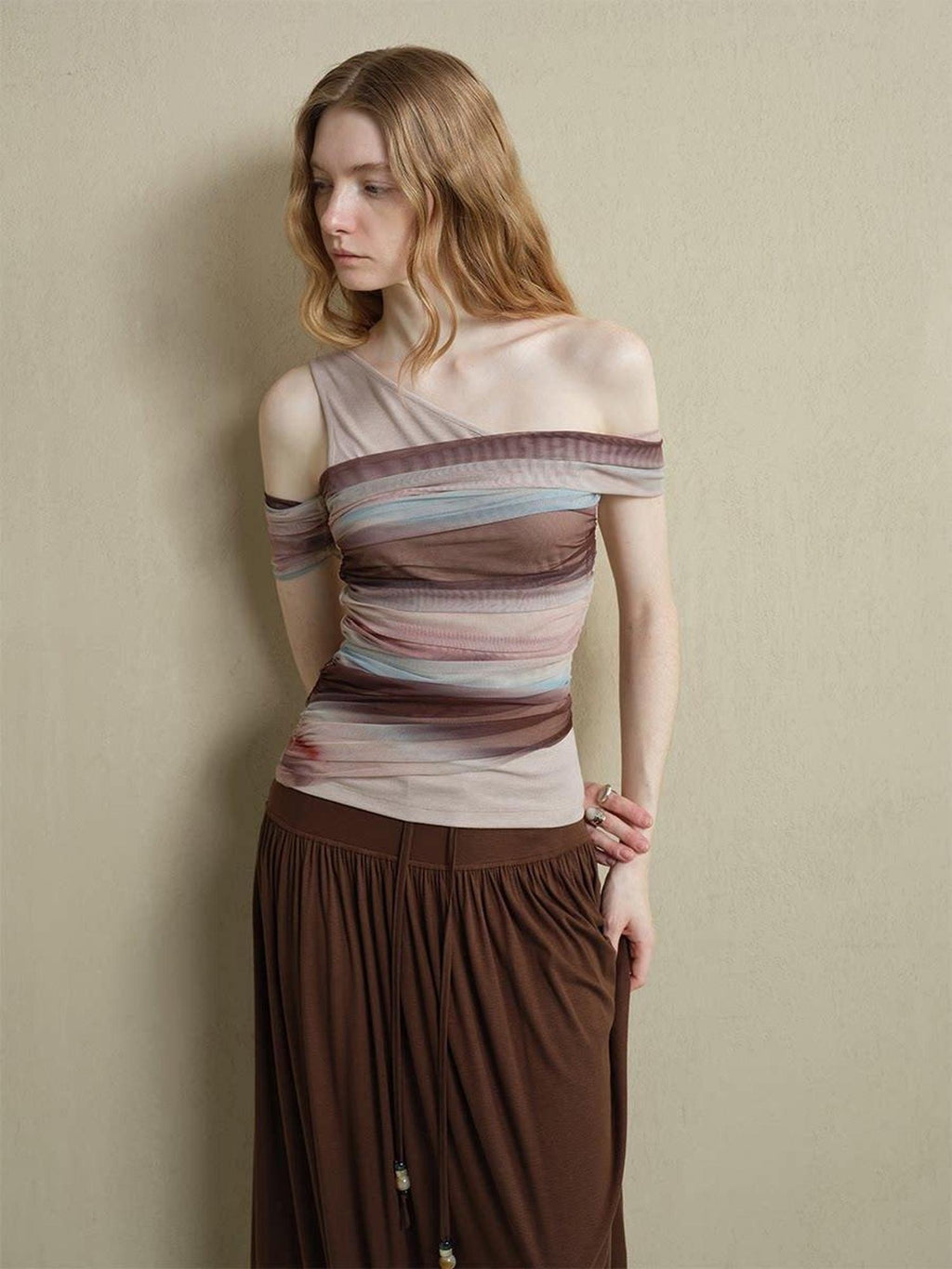 someonesometimes Ice Tie Dye One Shoulder Slim Fit Workwear Women Polyester Short Sleeve T-Shirts