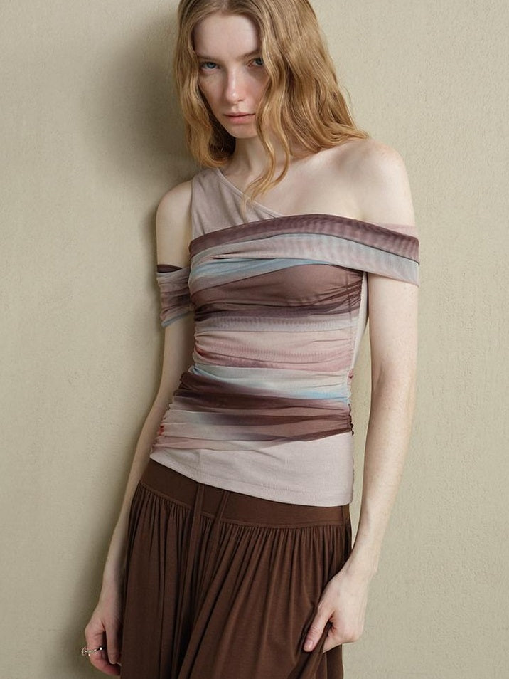 someonesometimes Ice Tie Dye One Shoulder Slim Fit Workwear Women Polyester Short Sleeve T-Shirts