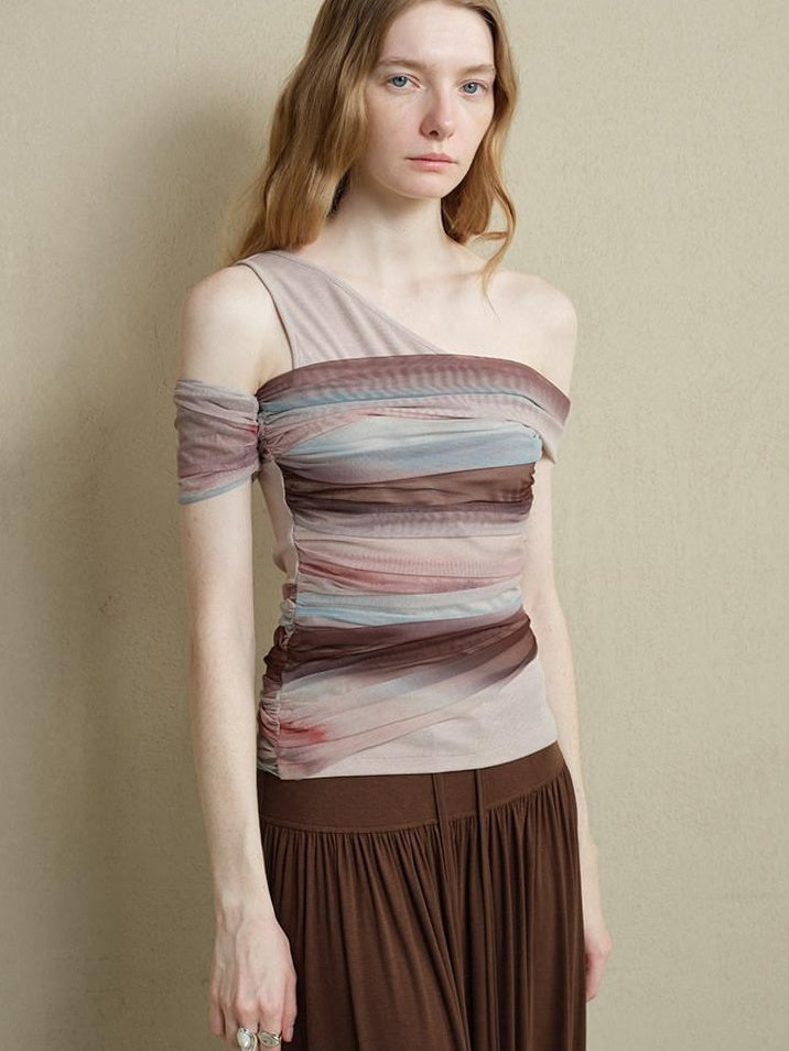 someonesometimes Ice Tie Dye One Shoulder Slim Fit Workwear Women Polyester Short Sleeve T-Shirts