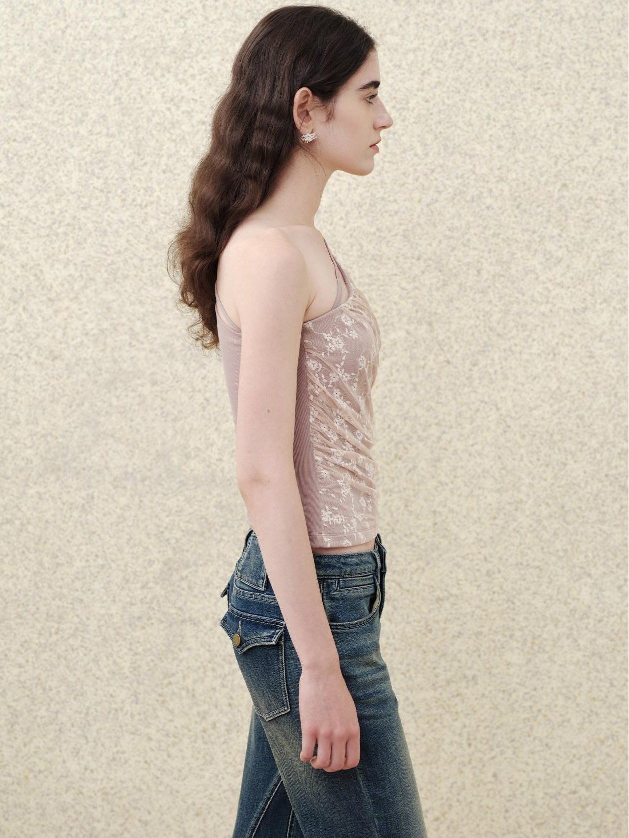 someonesometimes Lace Floral Tie Strap Slim Fit Mauve Cotton Blend Women Tank Tops