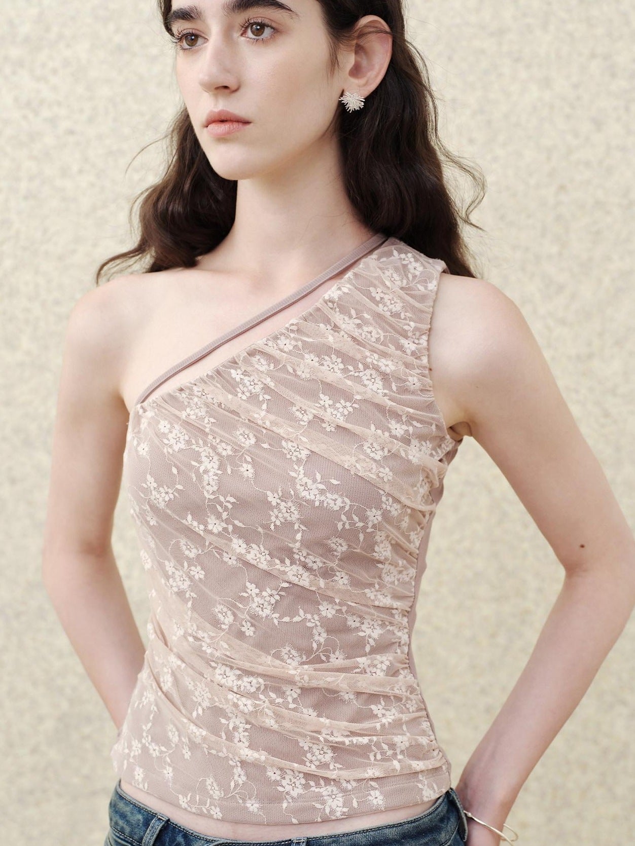 someonesometimes Lace Floral Tie Strap Slim Fit Mauve Cotton Blend Women Tank Tops