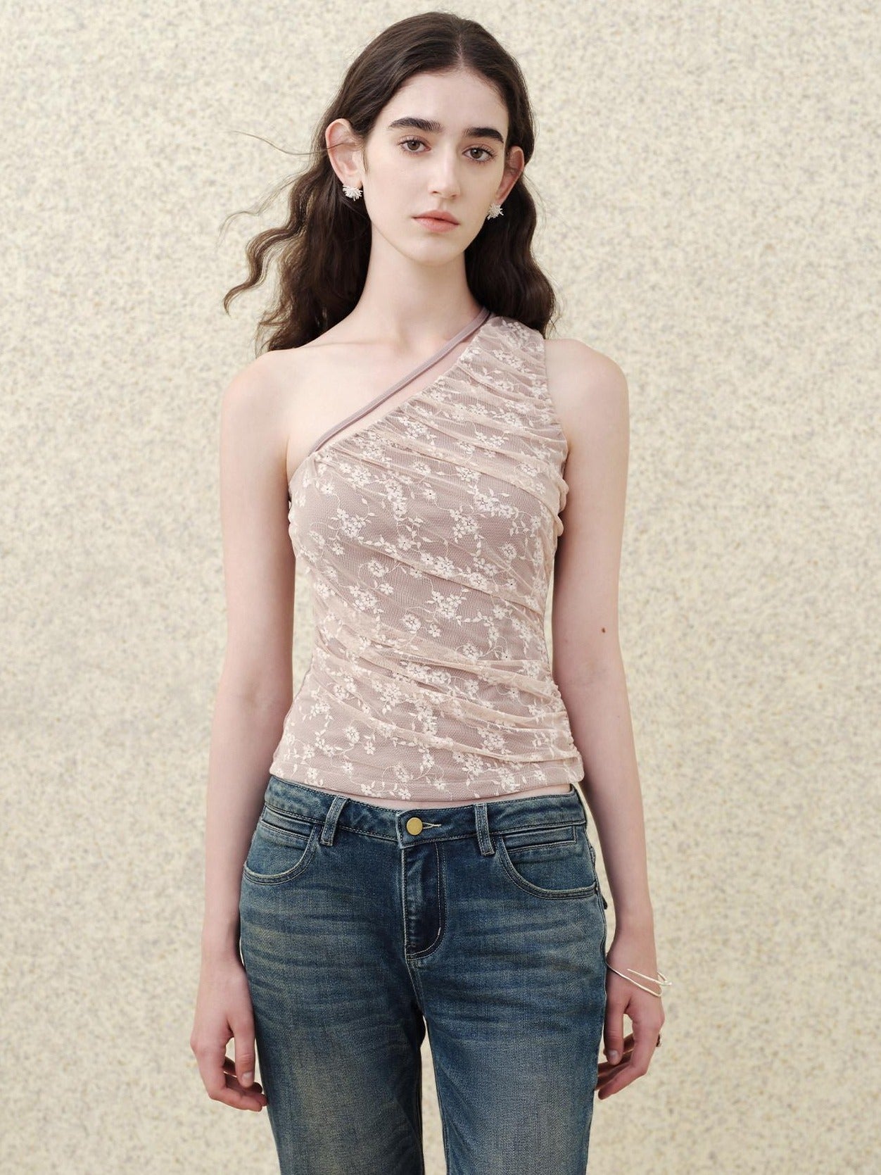 someonesometimes Lace Floral Tie Strap Slim Fit Mauve Cotton Blend Women Tank Tops