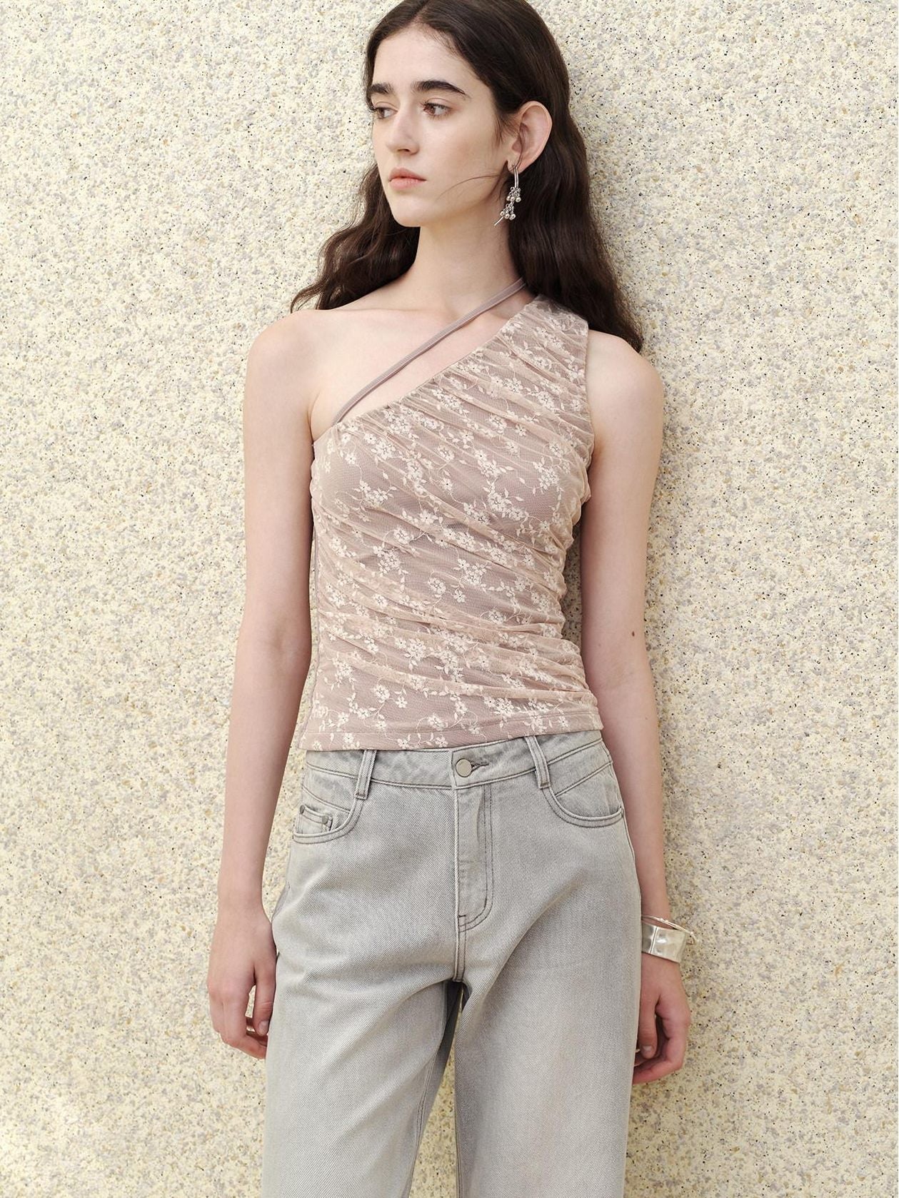 someonesometimes Lace Floral Tie Strap Slim Fit Mauve Cotton Blend Women Tank Tops