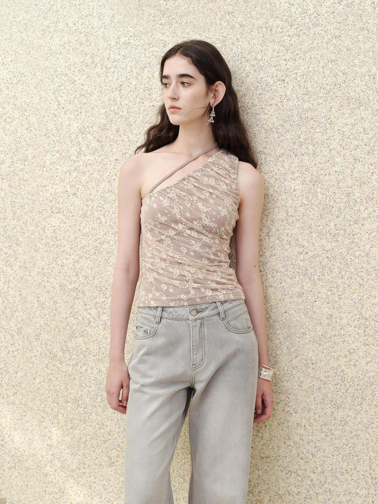 someonesometimes Lace Floral Tie Strap Slim Fit Mauve Cotton Blend Women Tank Tops