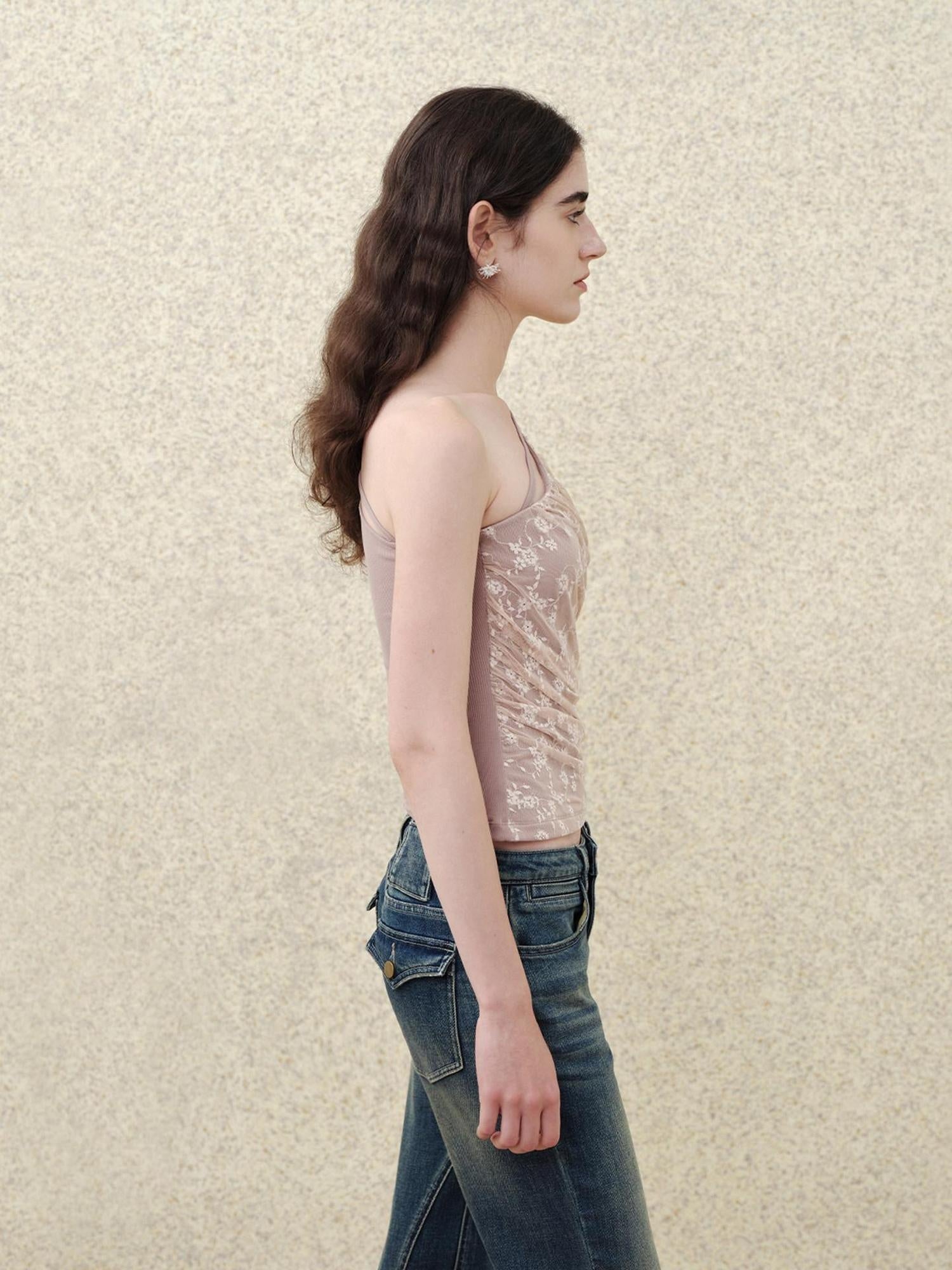 someonesometimes Lace Floral Tie Strap Slim Fit Mauve Cotton Blend Women Tank Tops