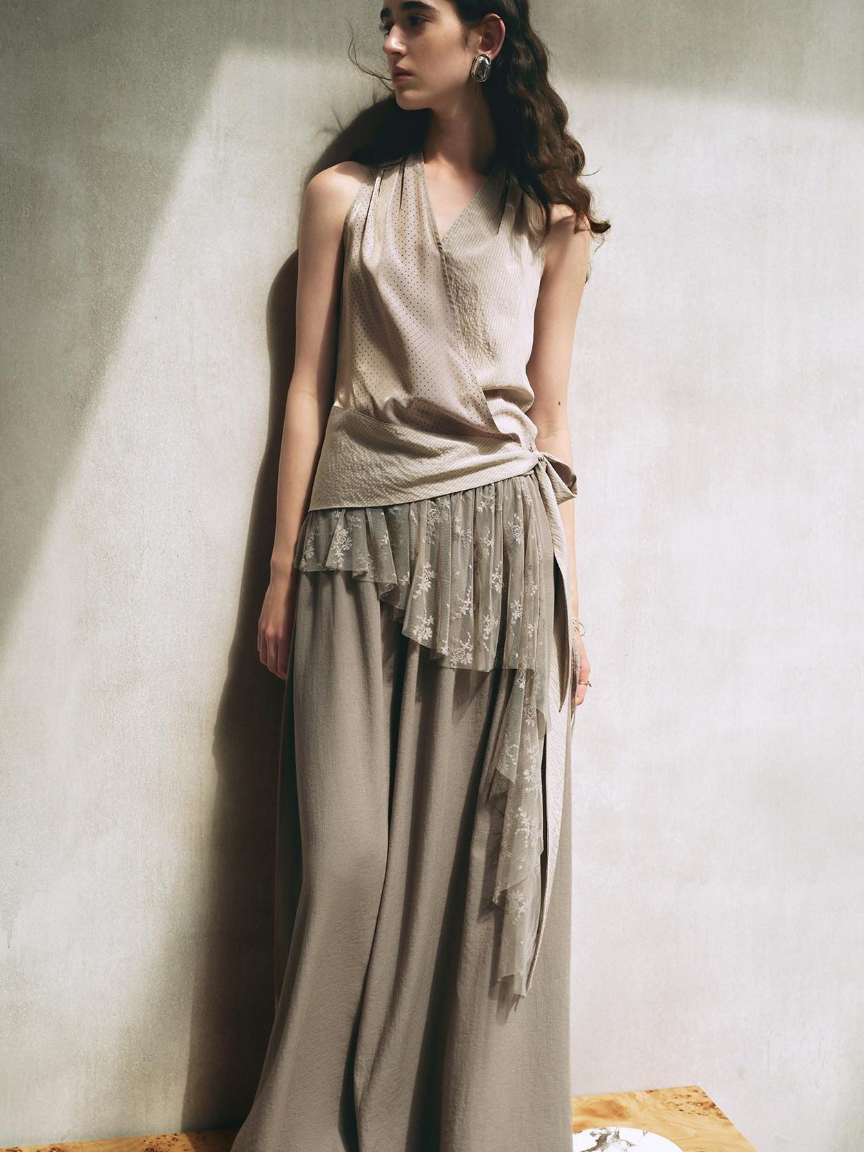 someonesometimes Lace High Waist A Line Slim Fit Women Back Zipper Moss Gray Maxi Skirts