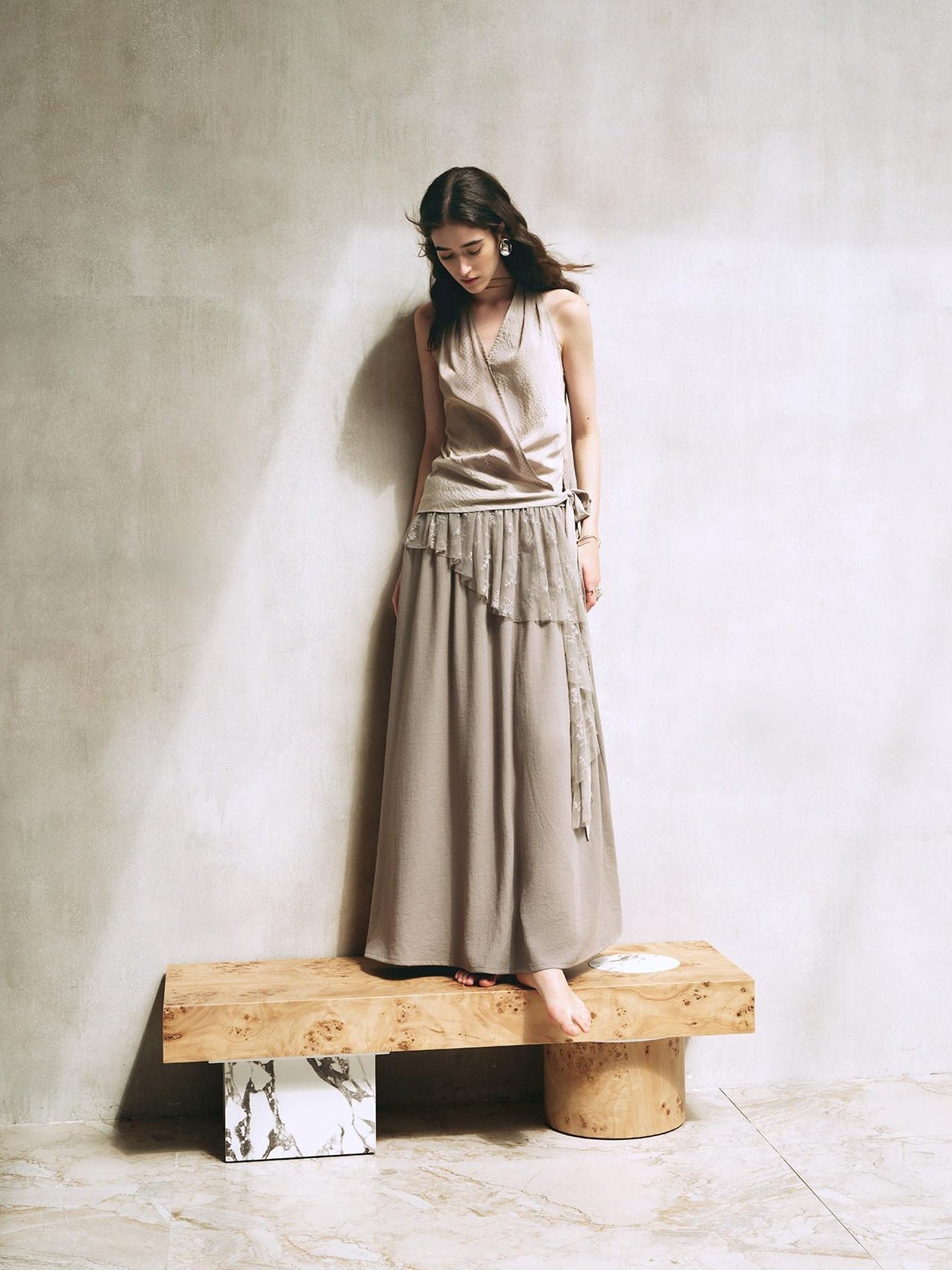 someonesometimes Lace High Waist A Line Slim Fit Women Back Zipper Moss Gray Maxi Skirts
