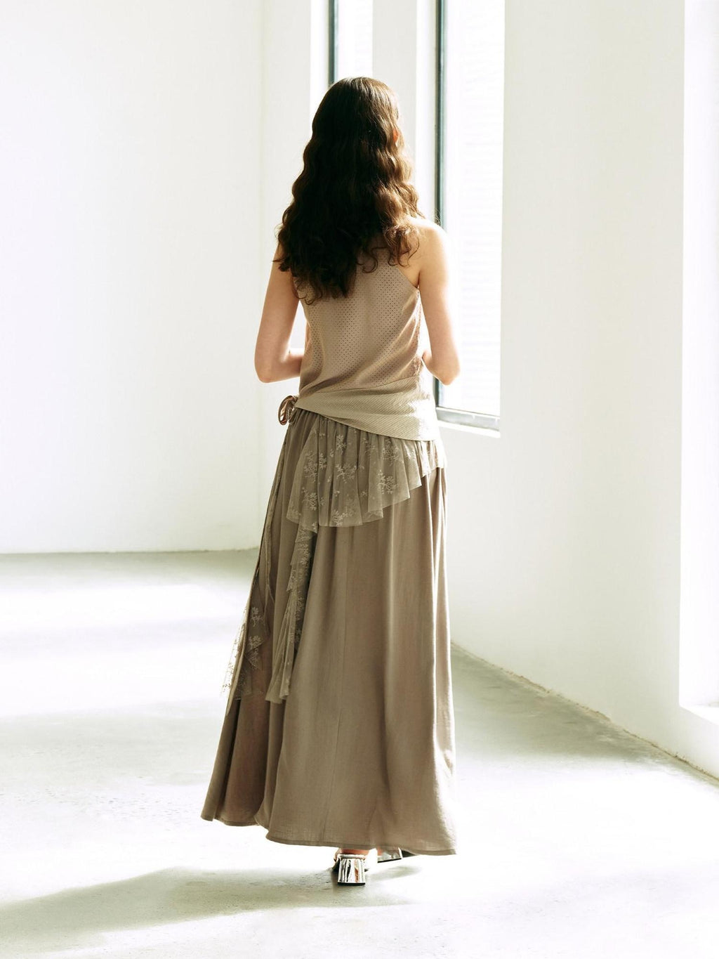 someonesometimes Lace High Waist A Line Slim Fit Women Back Zipper Moss Gray Maxi Skirts