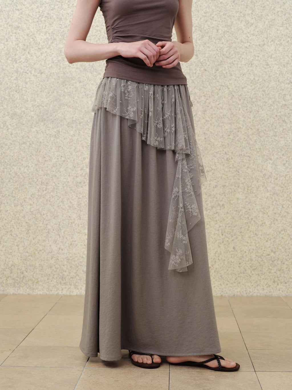 someonesometimes Lace High Waist A Line Slim Fit Women Back Zipper Moss Gray Maxi Skirts