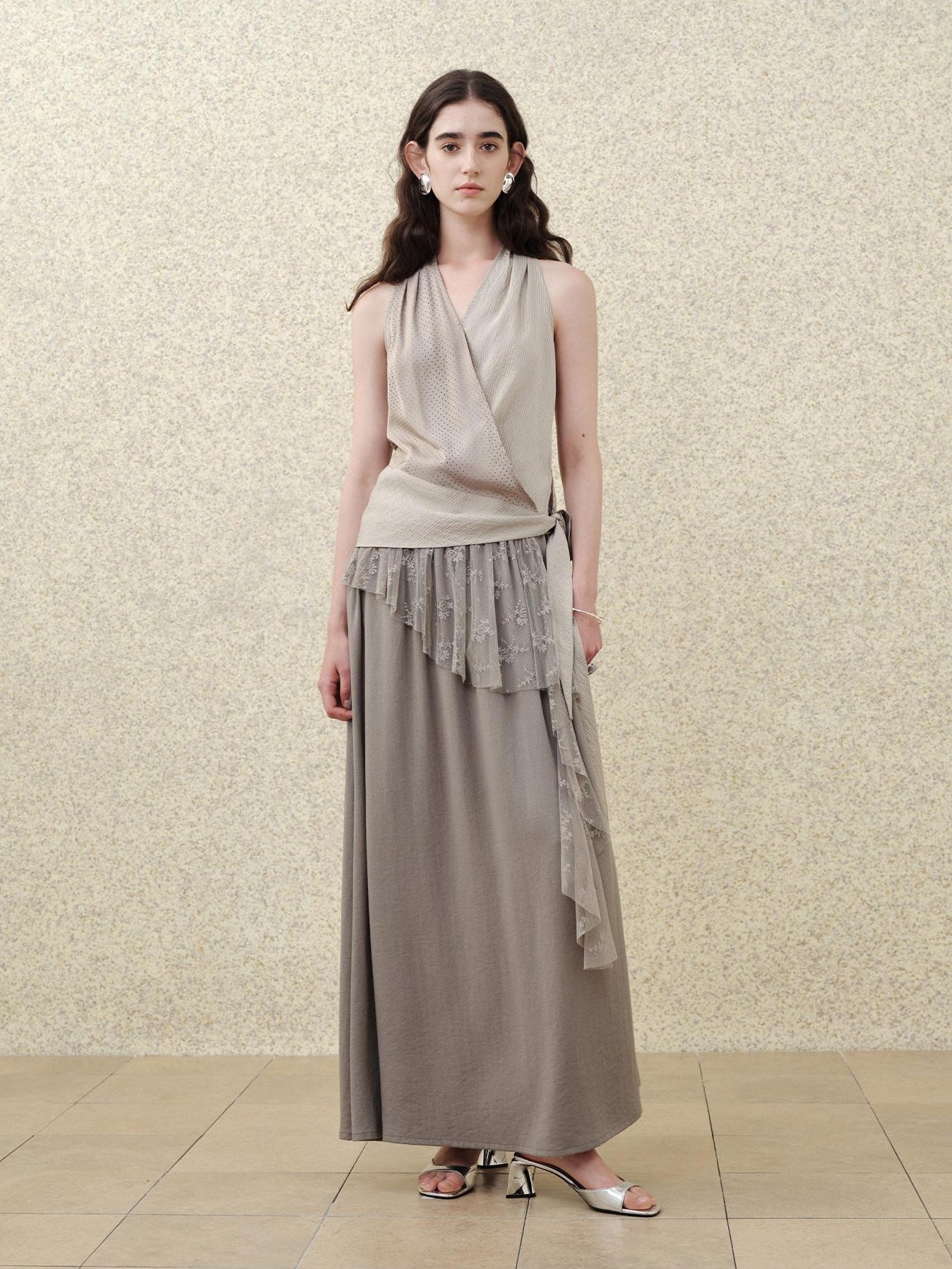 someonesometimes Lace High Waist A Line Slim Fit Women Back Zipper Moss Gray Maxi Skirts