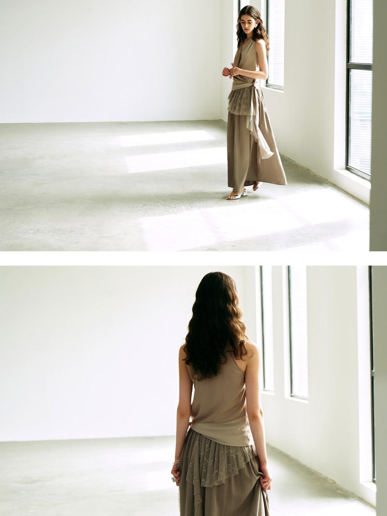 someonesometimes Lace High Waist A Line Slim Fit Women Back Zipper Moss Gray Maxi Skirts