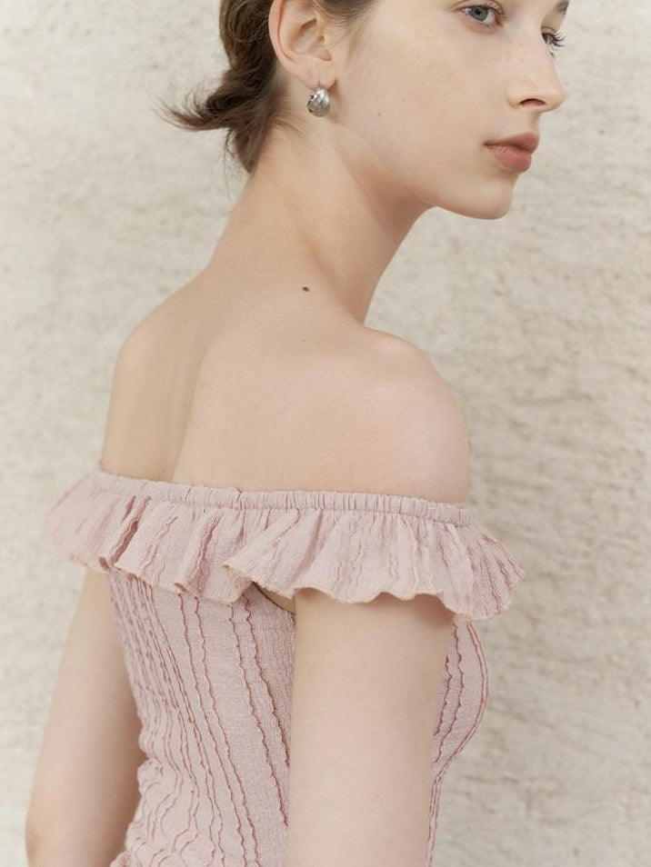 someonesometimes Lace Tie Slim Fit Short Solid Mauve Cream Daily Chic Off Shoulder Crop Tops