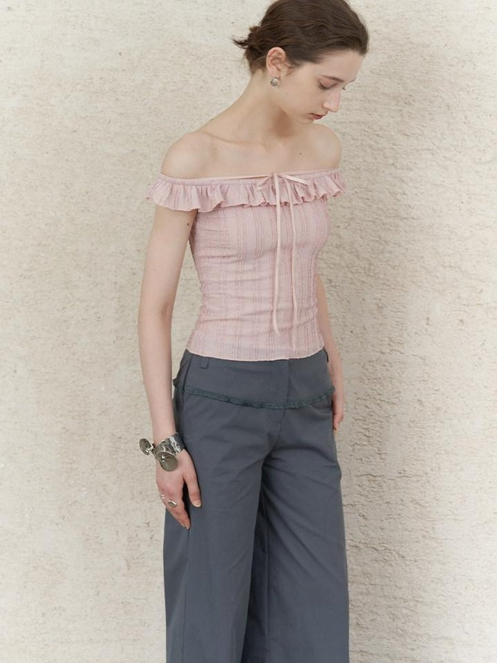 someonesometimes Lace Tie Slim Fit Short Solid Mauve Cream Daily Chic Off Shoulder Crop Tops