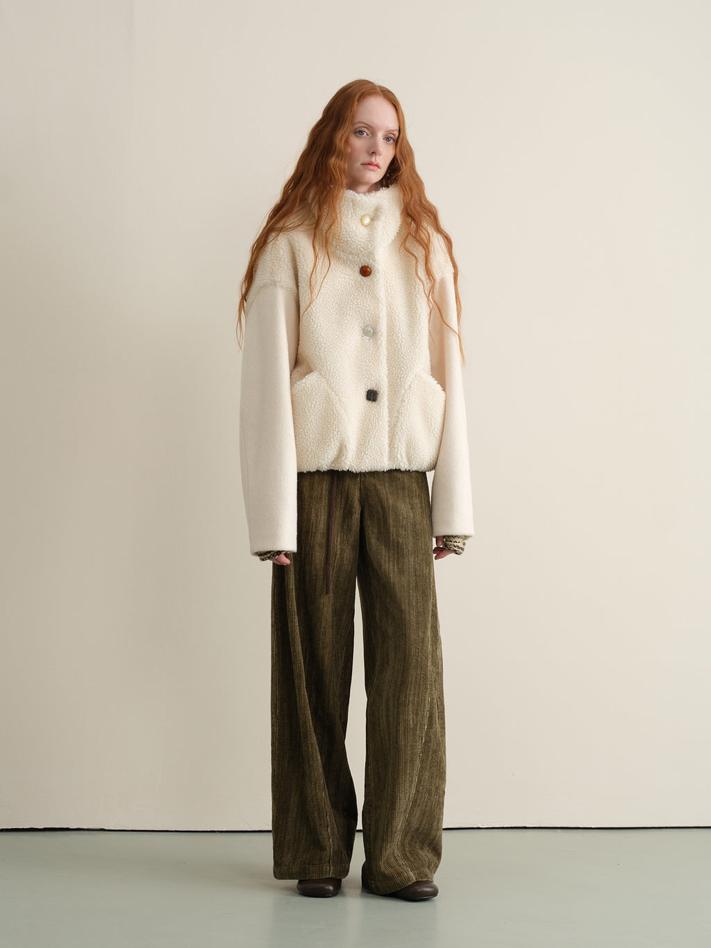 someonesometimes Lambswool Lined Lapel Button Casual Loose Fit Women Beige Faux Fur Coats