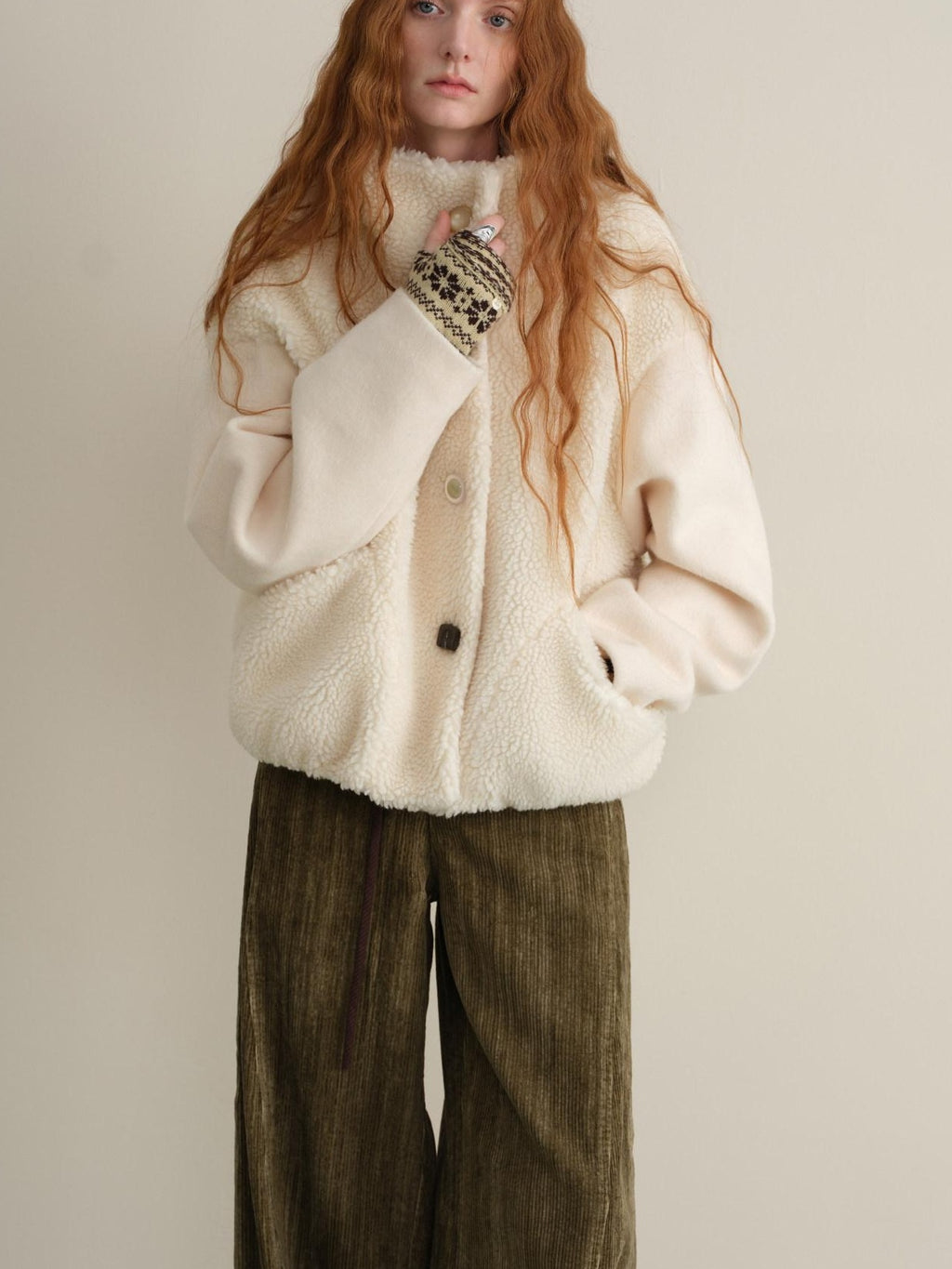someonesometimes Lambswool Lined Lapel Button Casual Loose Fit Women Beige Faux Fur Coats