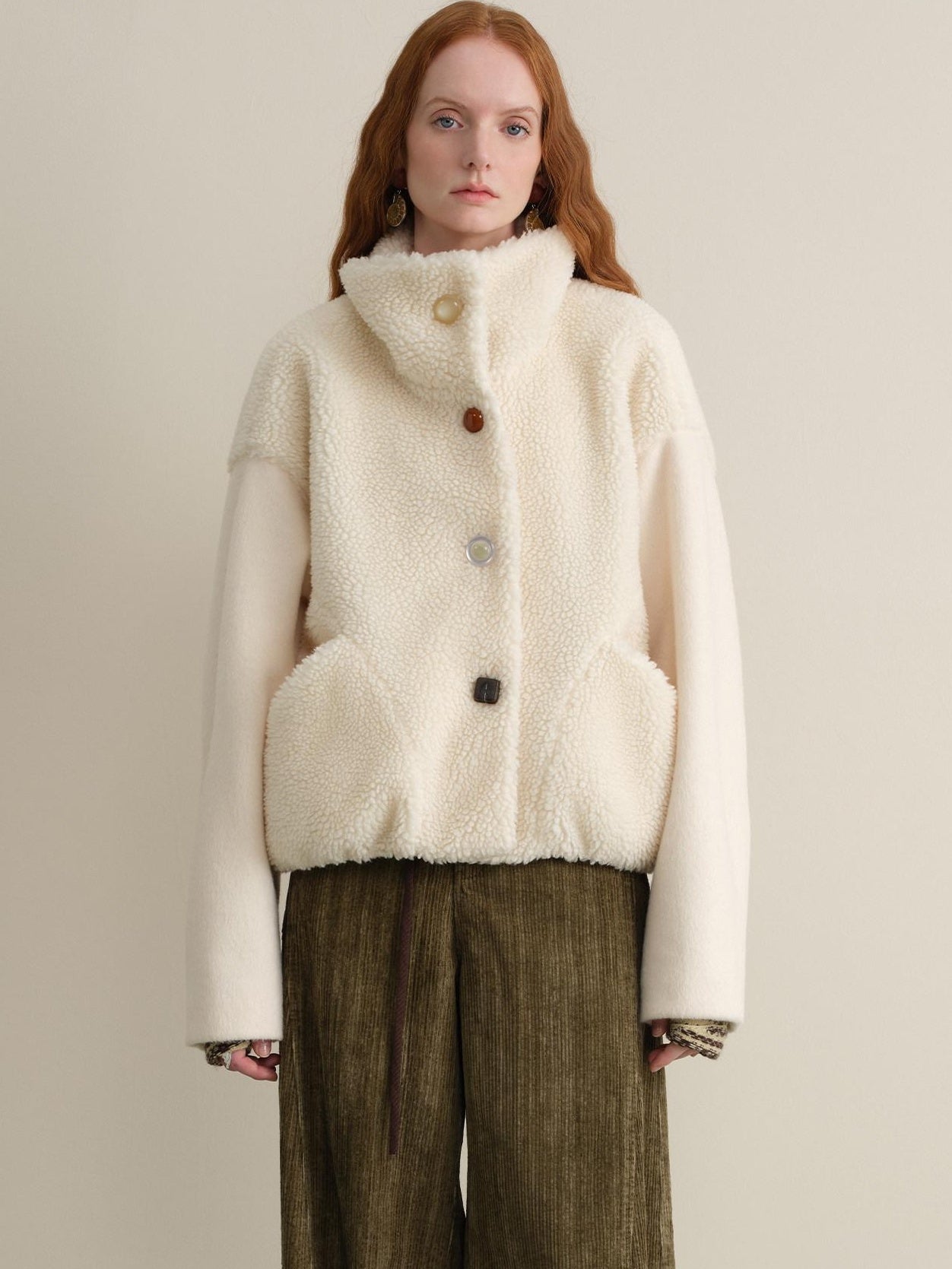 someonesometimes Lambswool Lined Lapel Button Casual Loose Fit Women Beige Faux Fur Coats
