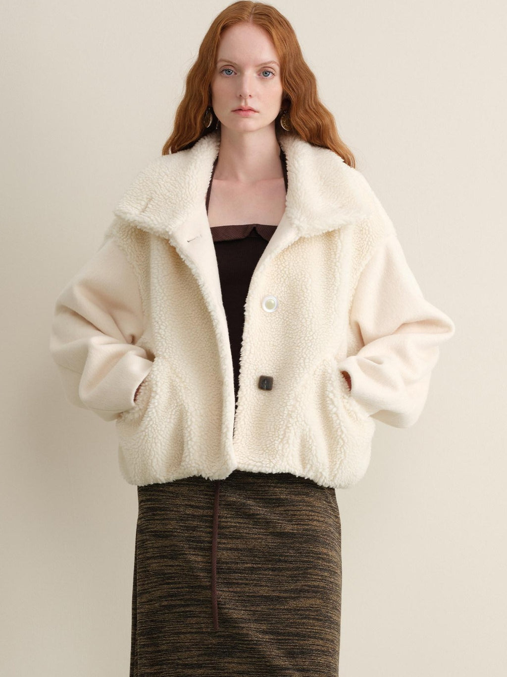 someonesometimes Lambswool Lined Lapel Button Casual Loose Fit Women Beige Faux Fur Coats