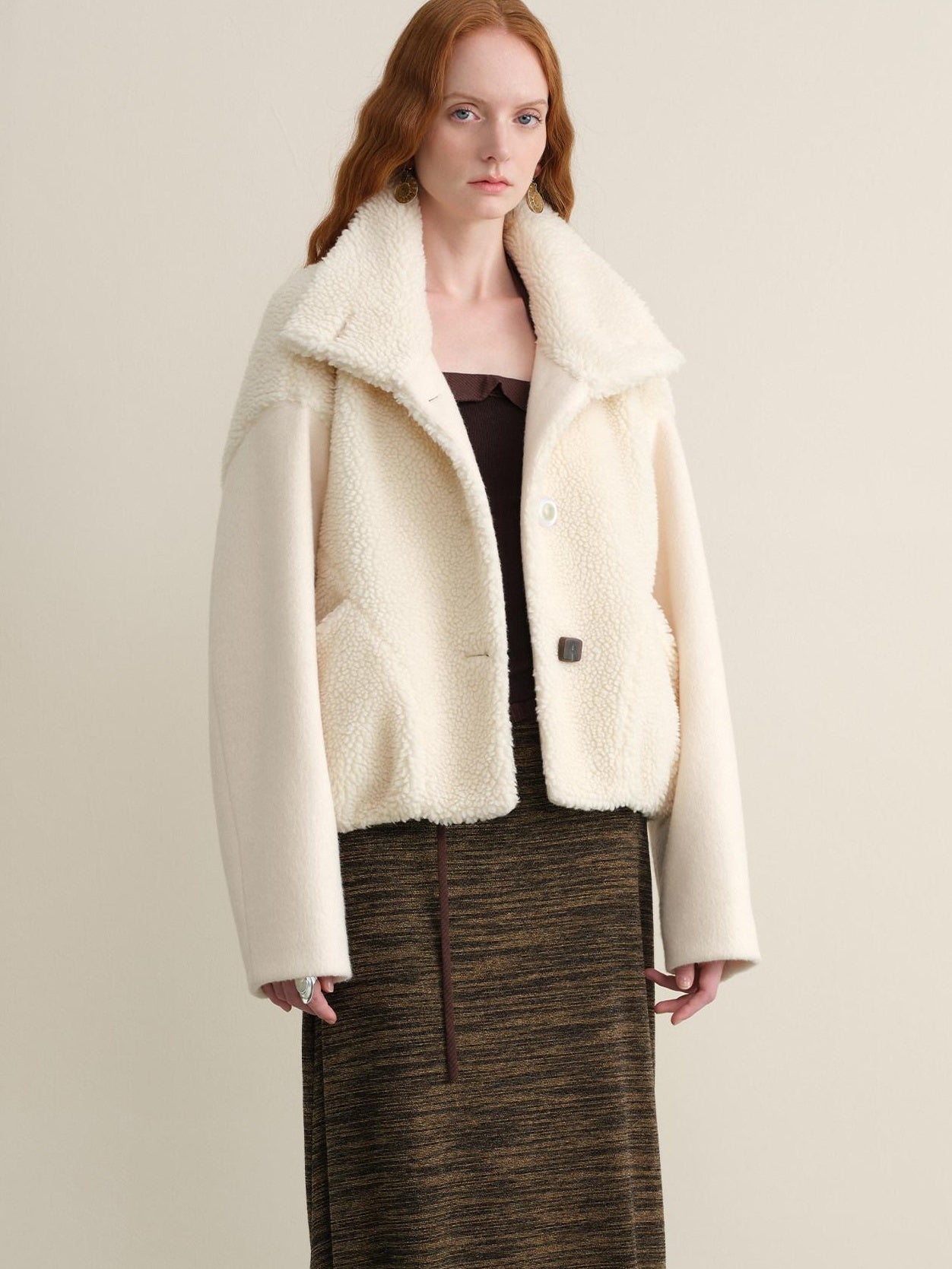 someonesometimes Lambswool Lined Lapel Button Casual Loose Fit Women Beige Faux Fur Coats