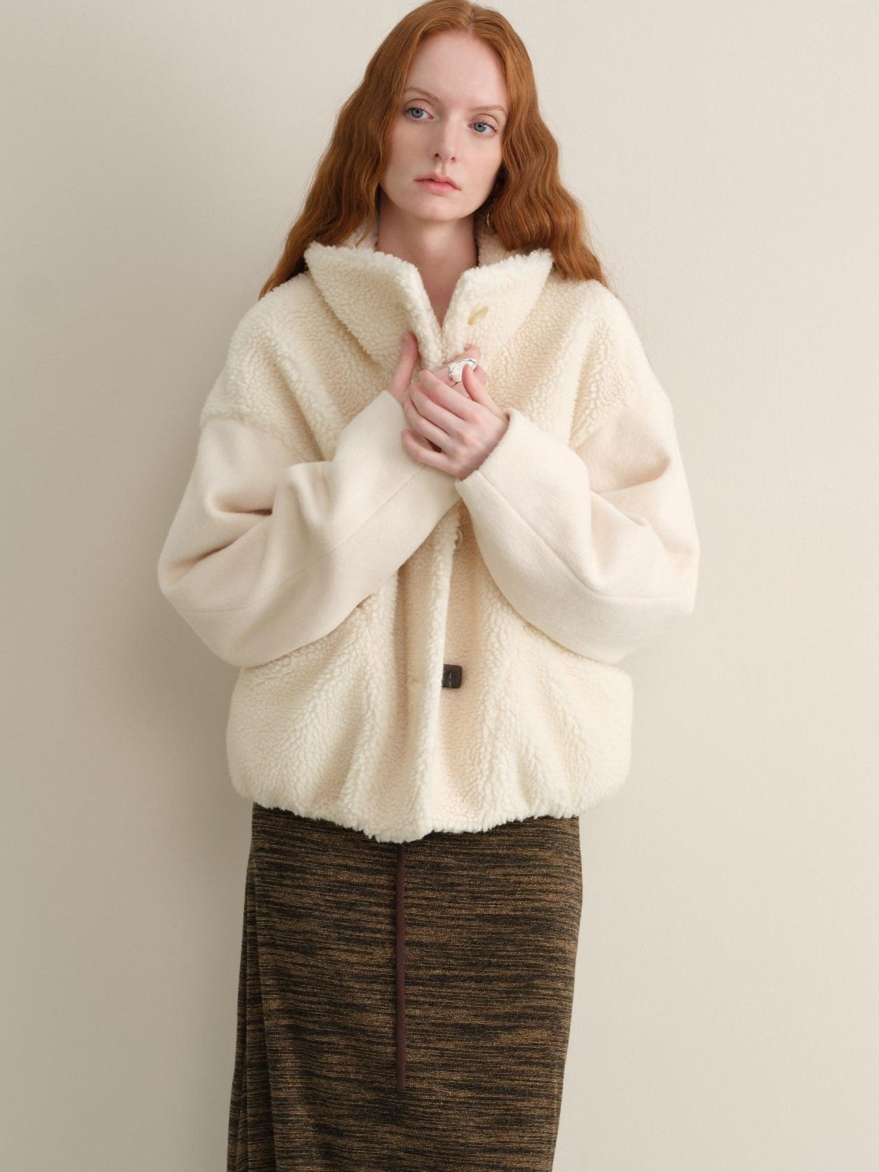 someonesometimes Lambswool Lined Lapel Button Casual Loose Fit Women Beige Faux Fur Coats
