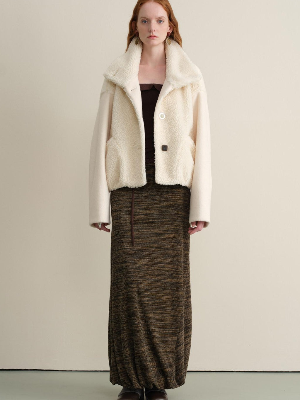 someonesometimes Lambswool Lined Lapel Button Casual Loose Fit Women Beige Faux Fur Coats