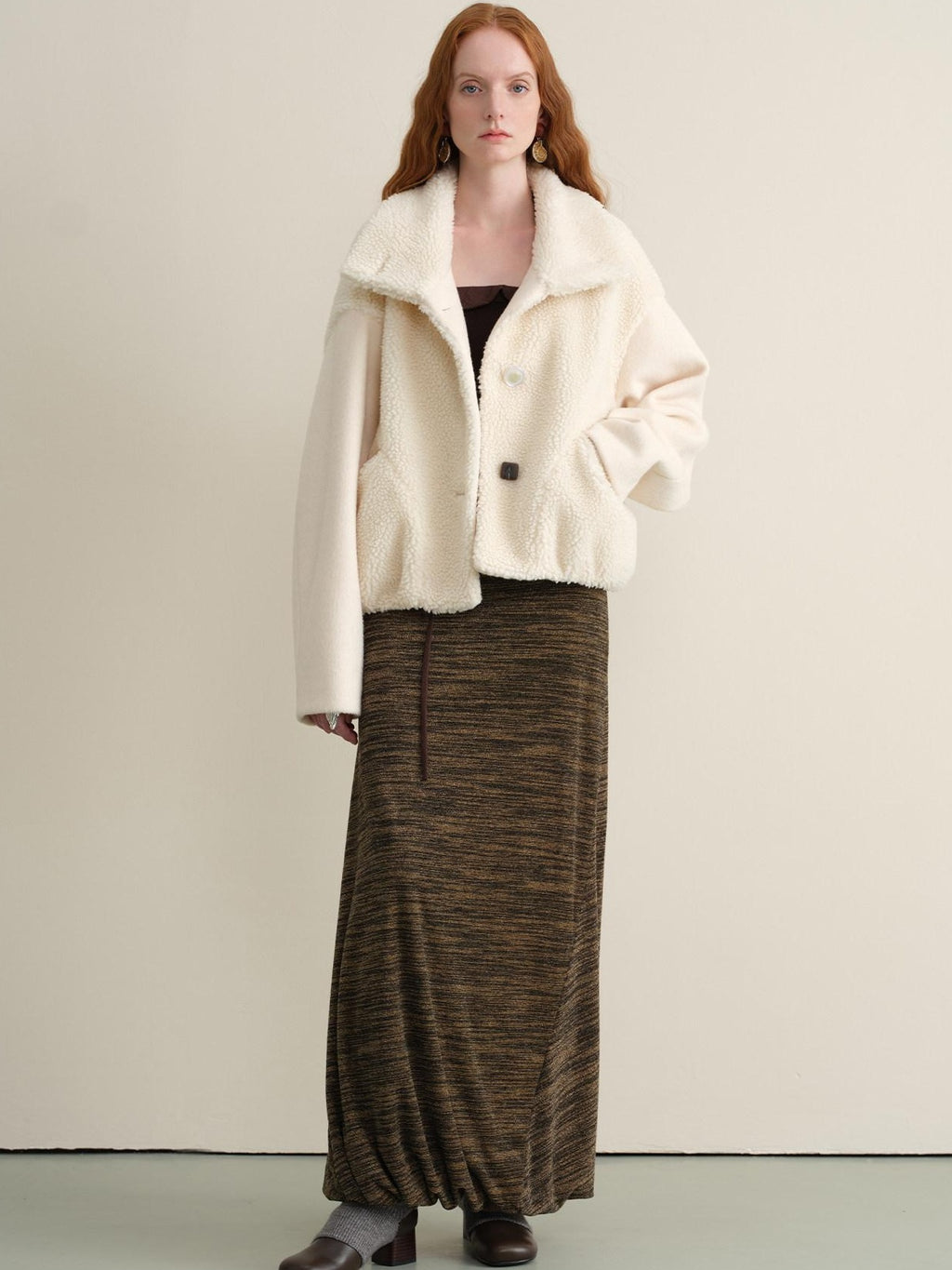 someonesometimes Lambswool Lined Lapel Button Casual Loose Fit Women Beige Faux Fur Coats