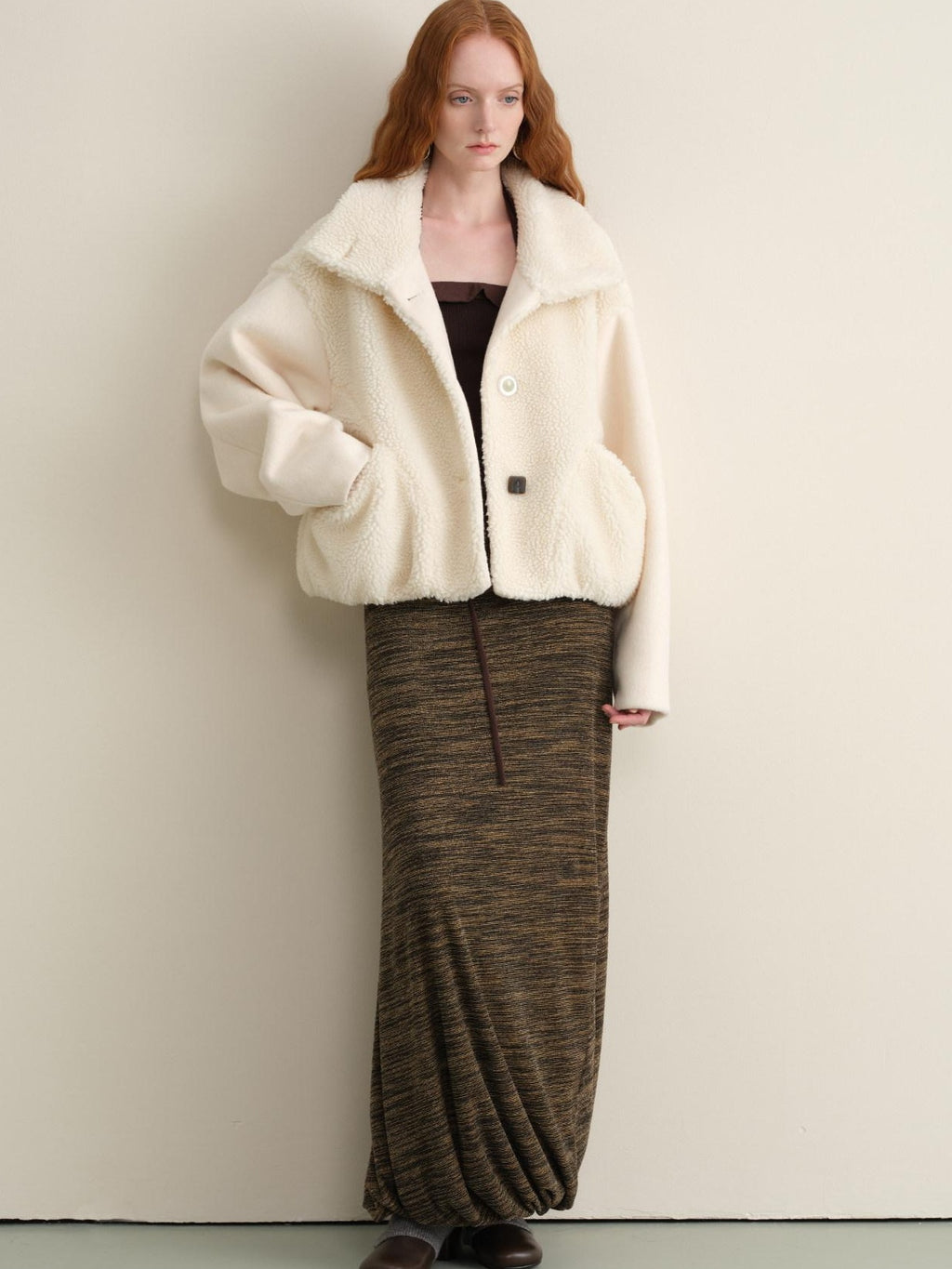 someonesometimes Lambswool Lined Lapel Button Casual Loose Fit Women Beige Faux Fur Coats