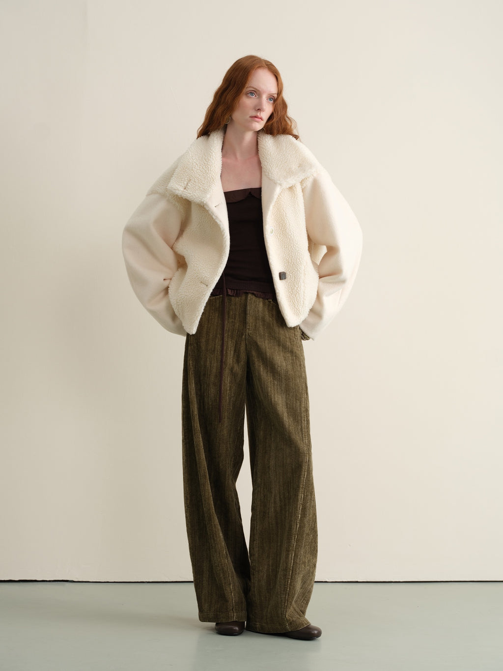 someonesometimes Lambswool Lined Lapel Button Casual Loose Fit Women Beige Faux Fur Coats