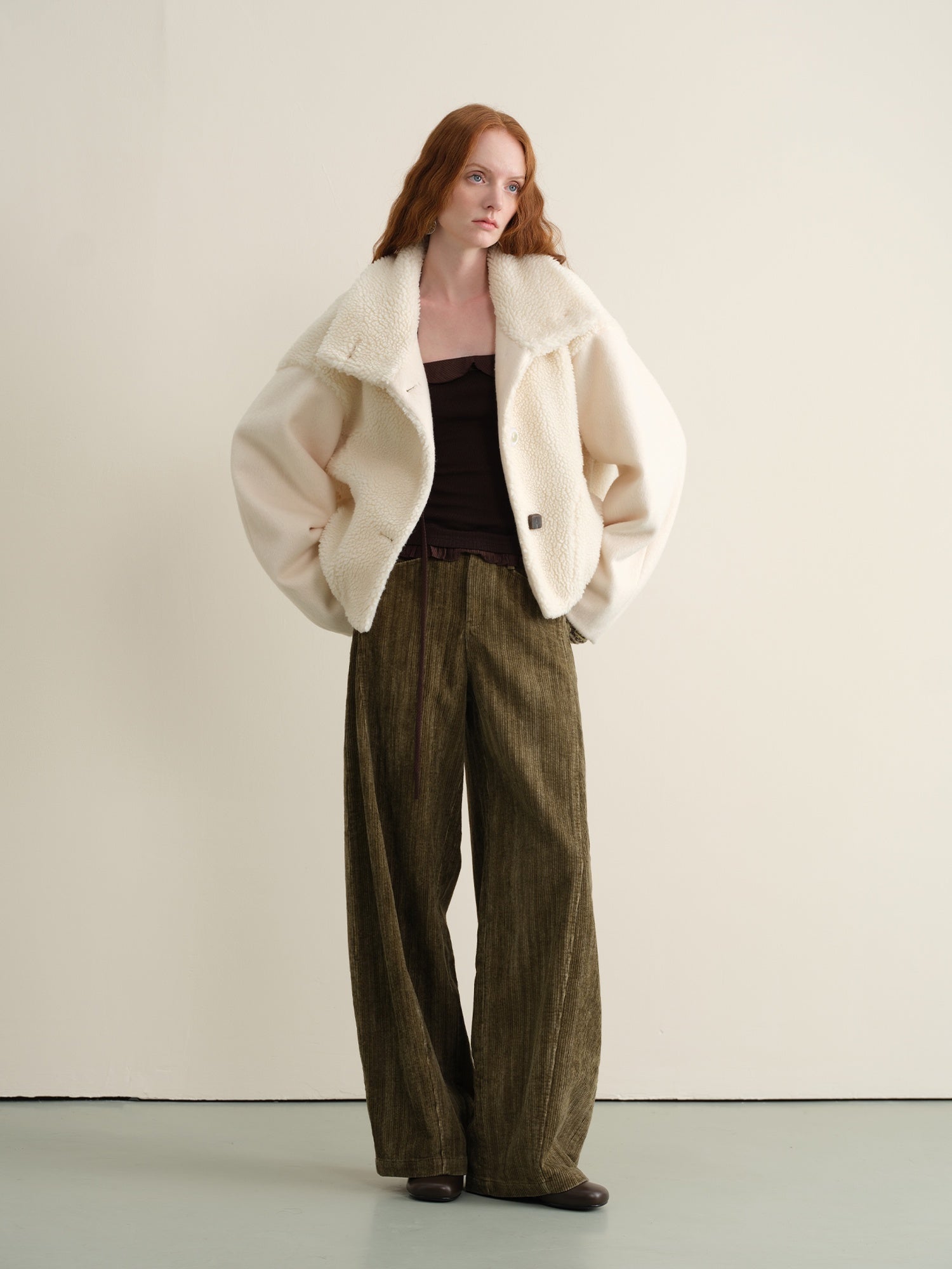 someonesometimes Lambswool Lined Lapel Button Casual Loose Fit Women Beige Faux Fur Coats