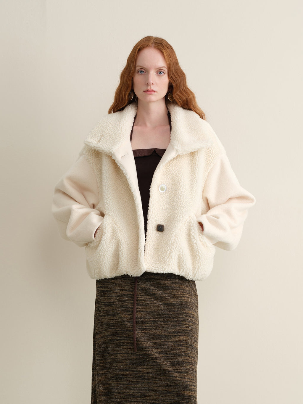 someonesometimes Lambswool Lined Lapel Button Casual Loose Fit Women Beige Faux Fur Coats