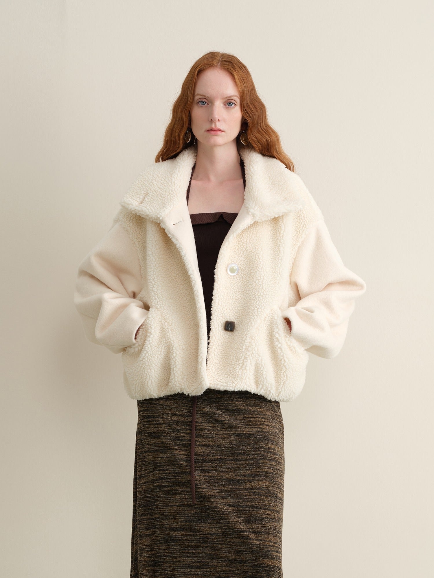someonesometimes Lambswool Lined Lapel Button Casual Loose Fit Women Beige Faux Fur Coats