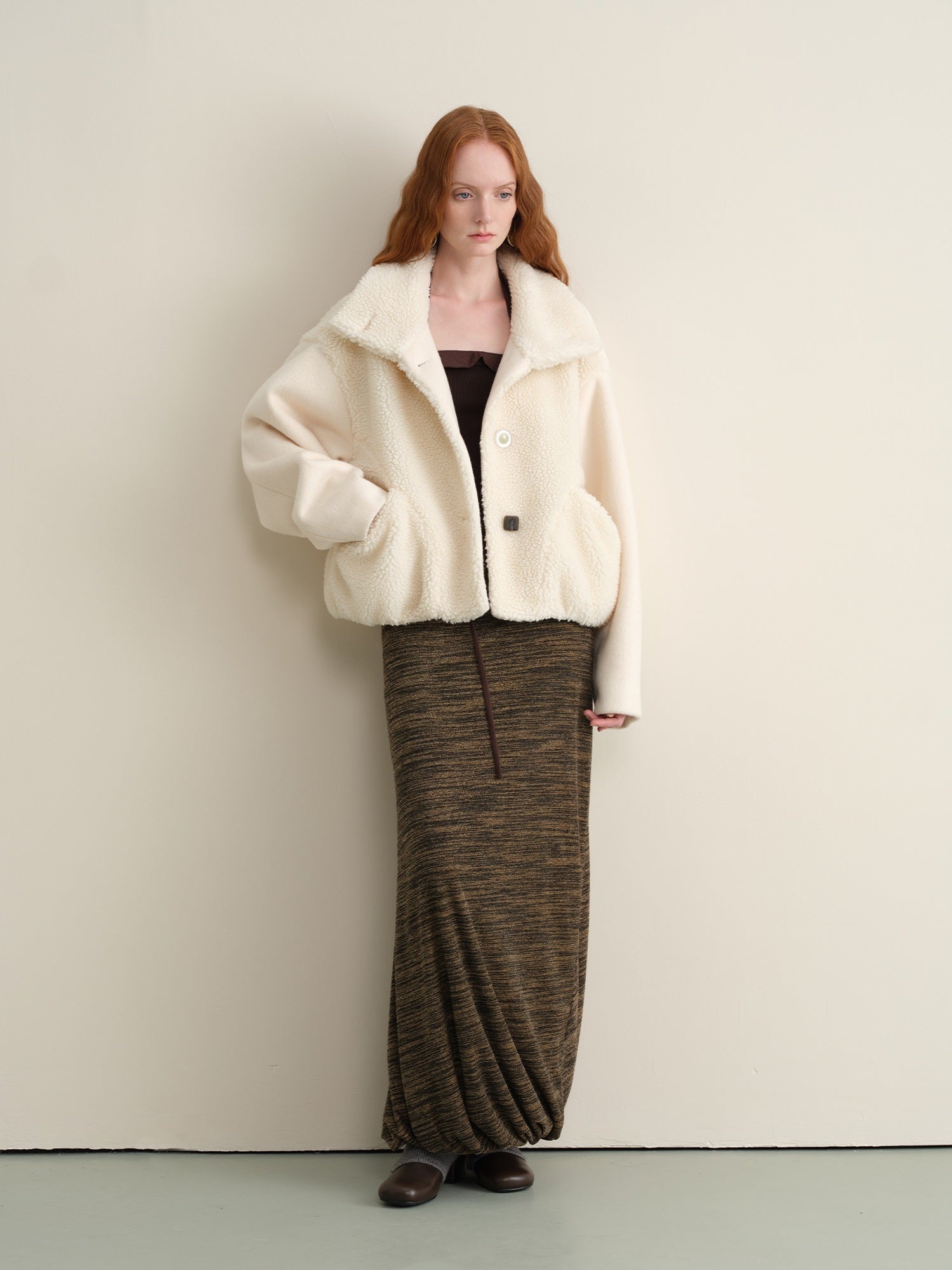 someonesometimes Lambswool Lined Lapel Button Casual Loose Fit Women Beige Faux Fur Coats