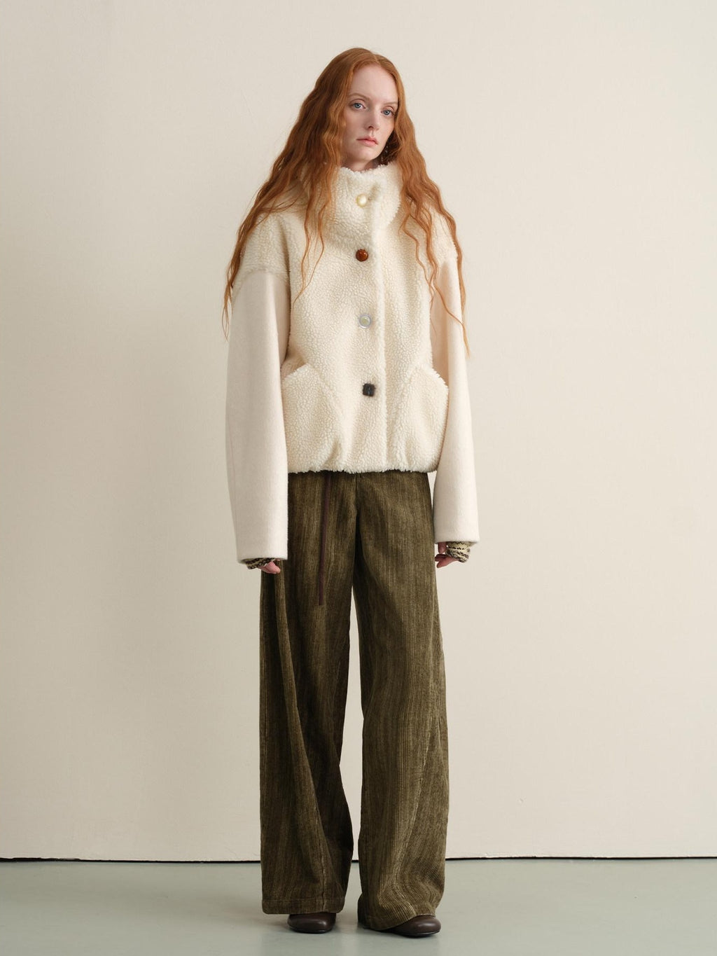 someonesometimes Lambswool Lined Lapel Button Casual Loose Fit Women Beige Faux Fur Coats