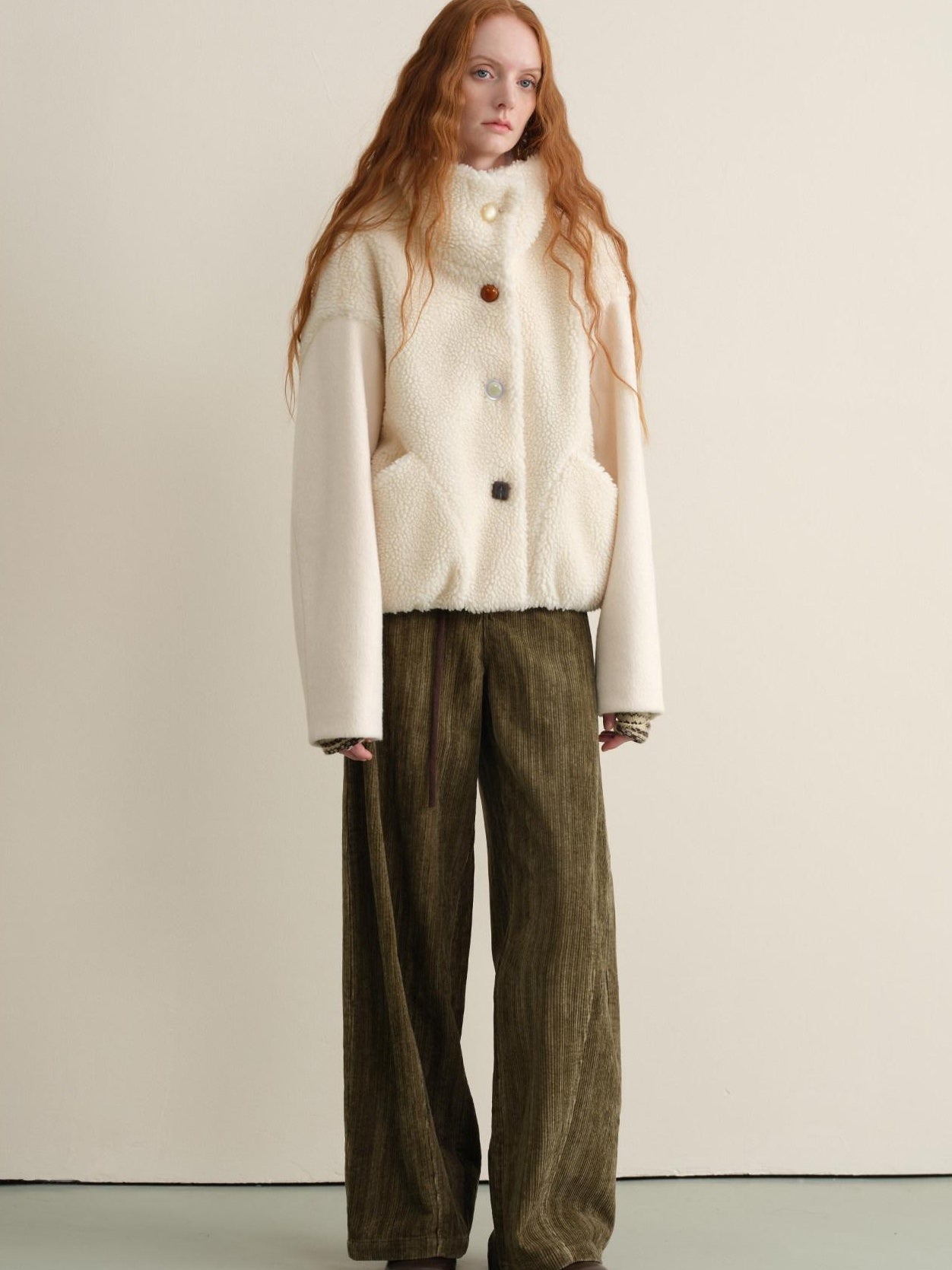 someonesometimes Lambswool Lined Lapel Button Casual Loose Fit Women Beige Faux Fur Coats