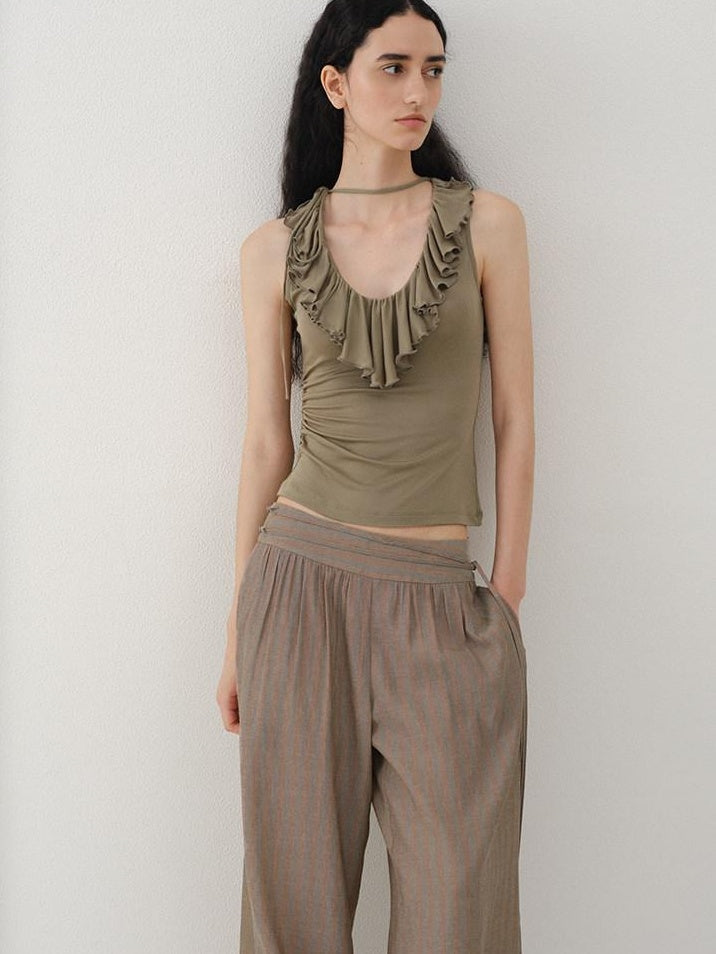 someonesometimes Light Lyocell Slim Ruffle Tie Cami Workwear Women Olive Green Tank Tops