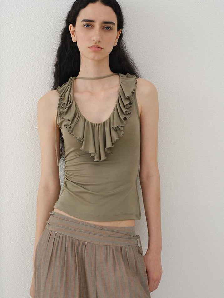 someonesometimes Light Lyocell Slim Ruffle Tie Cami Workwear Women Olive Green Tank Tops