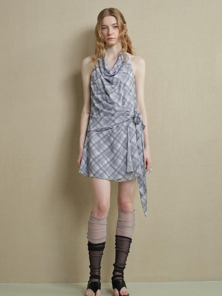 someonesometimes Lightweight Halter Tie Plaid Office Regular Fit Cornflower Blue Midi Dresses