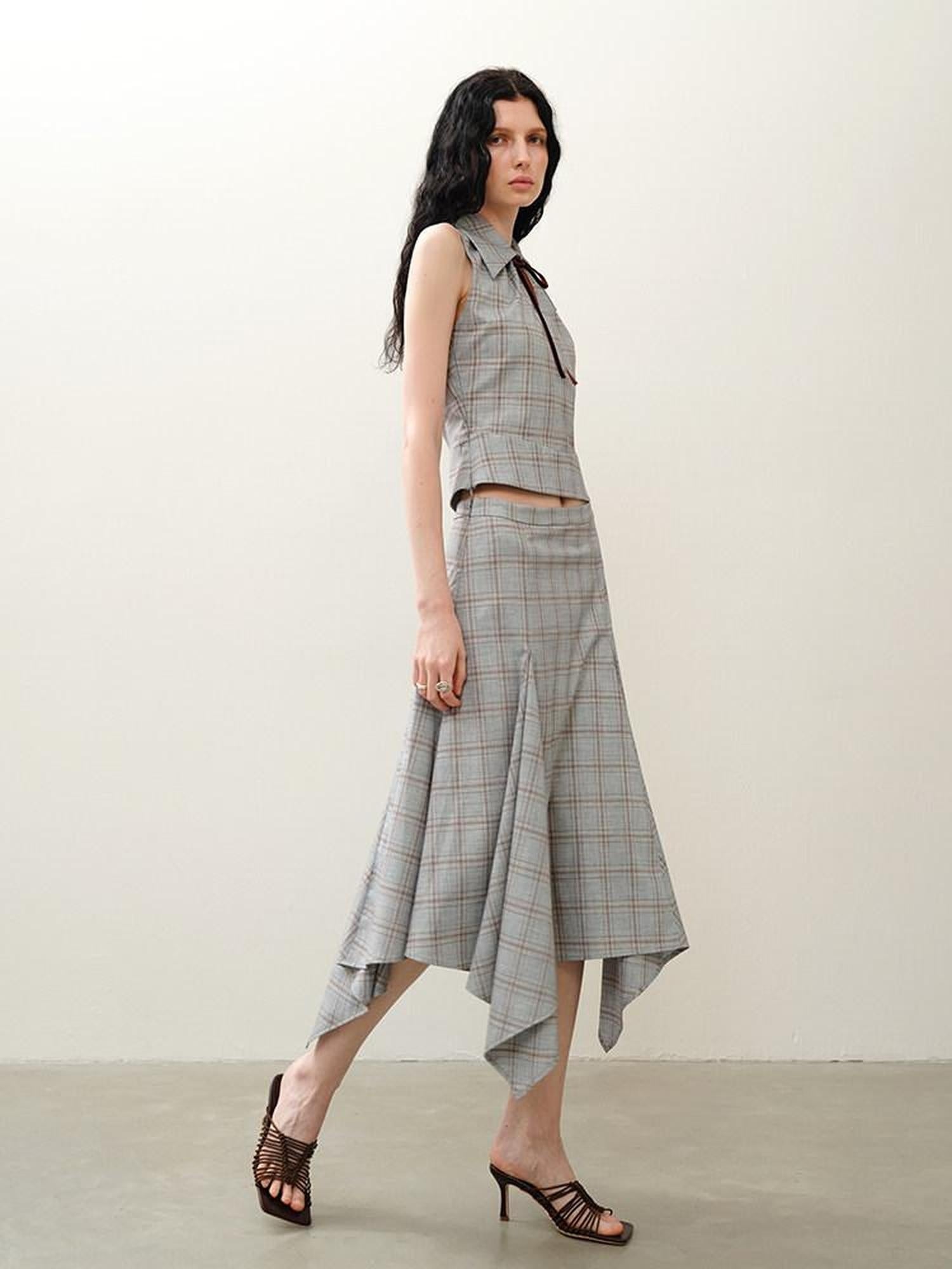 someonesometimes Lightweight Polyester Two Piece Plaid Short Sleeve Pullover Top & Skirt Sets