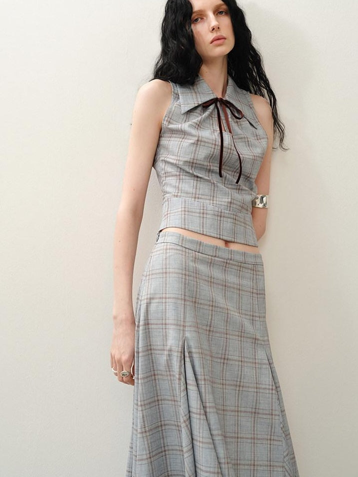 someonesometimes Lightweight Polyester Two Piece Plaid Short Sleeve Pullover Top & Skirt Sets