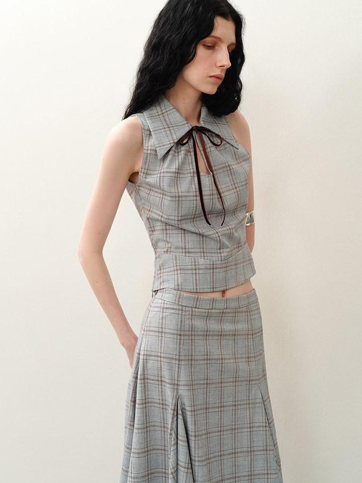 someonesometimes Lightweight Polyester Two Piece Plaid Short Sleeve Pullover Top & Skirt Sets
