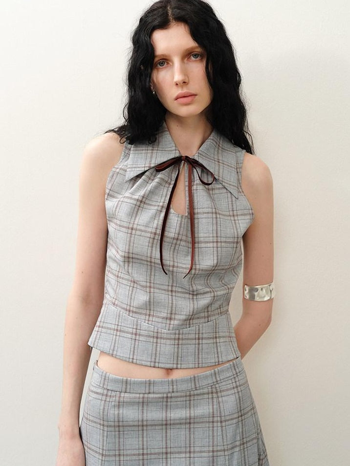 someonesometimes Lightweight Polyester Two Piece Plaid Short Sleeve Pullover Top & Skirt Sets