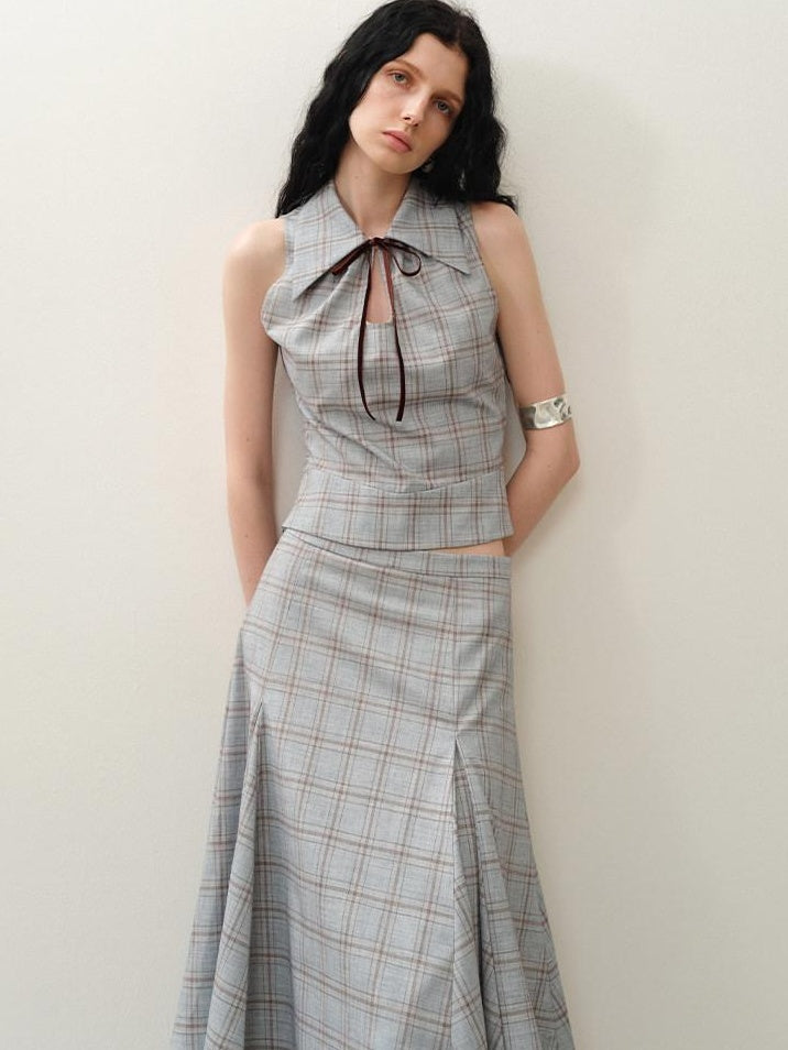 someonesometimes Lightweight Polyester Two Piece Plaid Short Sleeve Pullover Top & Skirt Sets