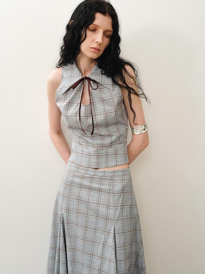someonesometimes Lightweight Polyester Two Piece Plaid Short Sleeve Pullover Top & Skirt Sets