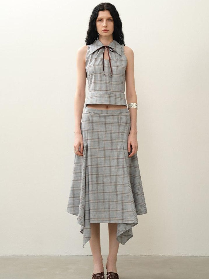 someonesometimes Lightweight Polyester Two Piece Plaid Short Sleeve Pullover Top & Skirt Sets