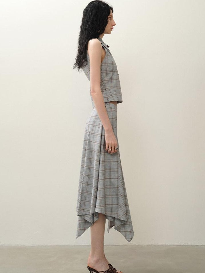 someonesometimes Lightweight Polyester Two Piece Plaid Short Sleeve Pullover Top & Skirt Sets