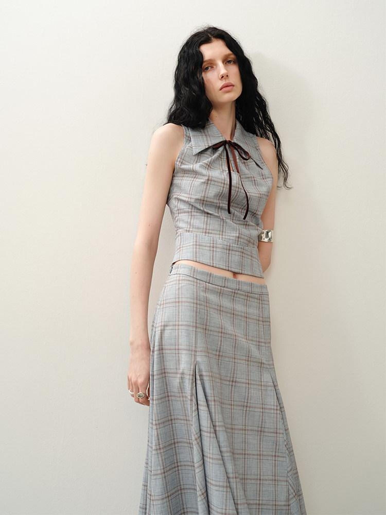 someonesometimes Lightweight Polyester Two Piece Plaid Short Sleeve Pullover Top & Skirt Sets